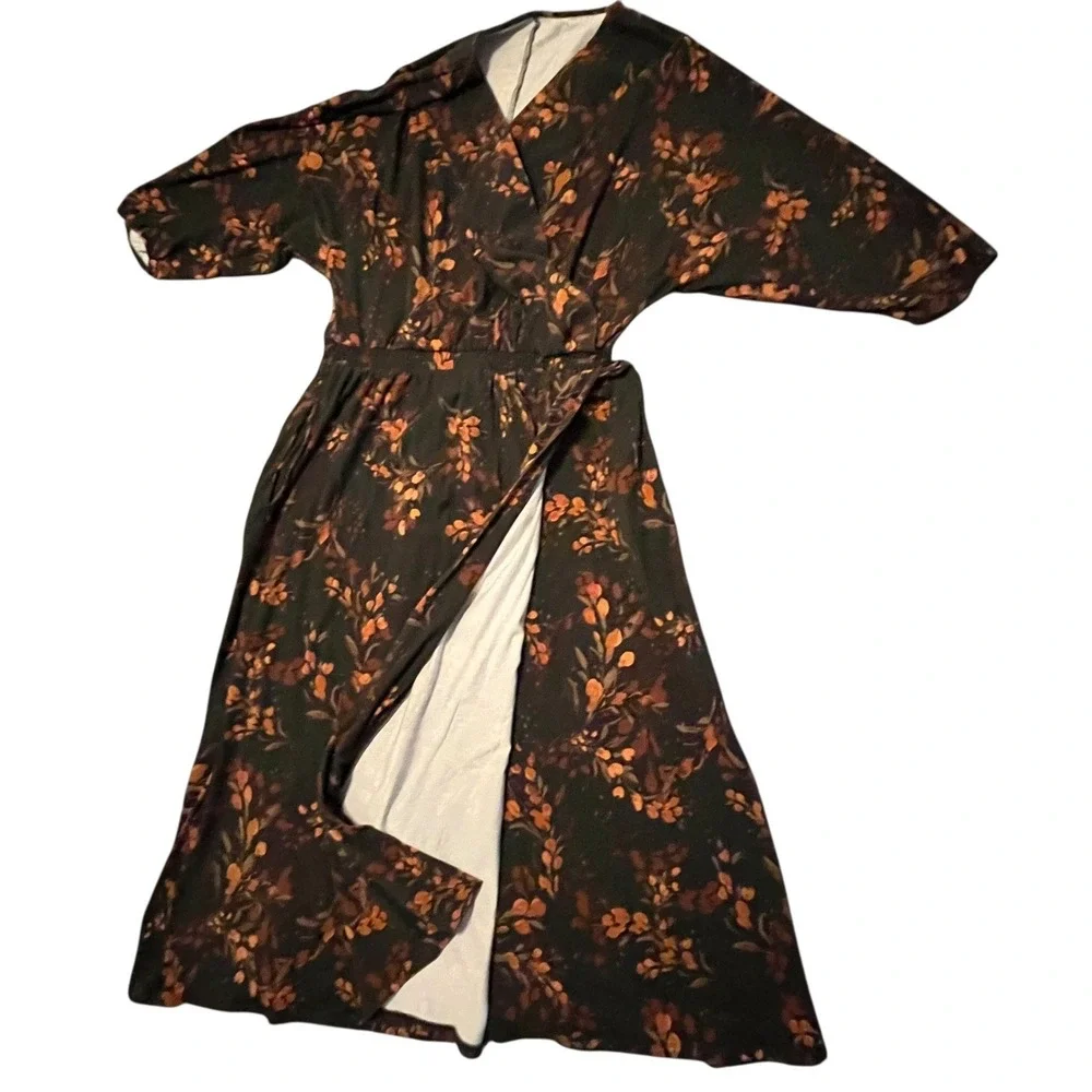 Garnet Hill Faux Wrap Maxi Dress Brown Floral Stretch Jersey V Neck Womens Large - Picture 8 of 12